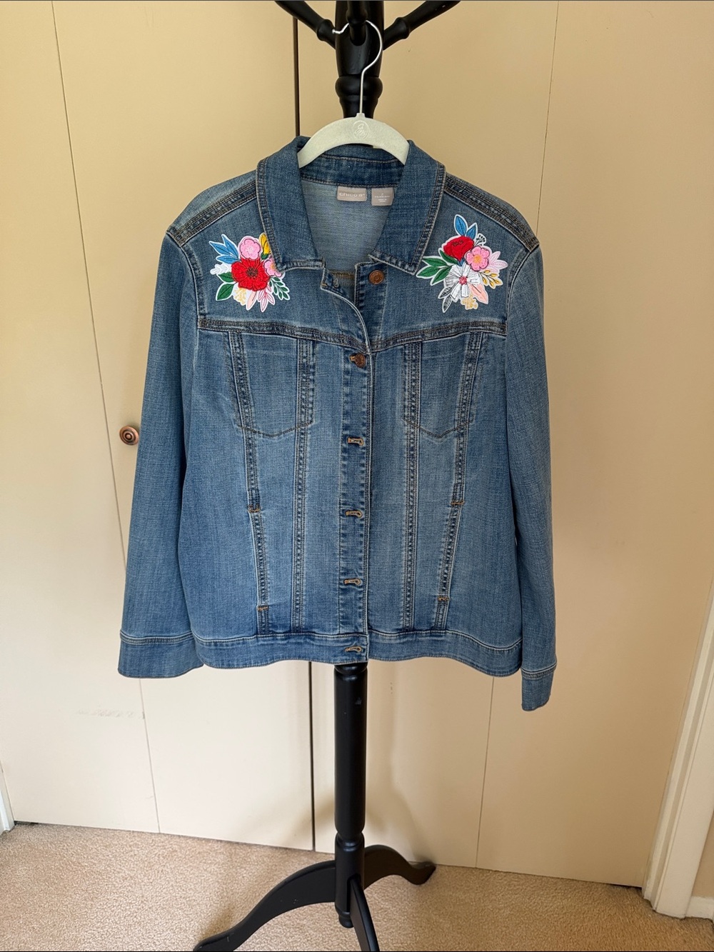 Chico's Blue Denim Jacket with Floral Shoulder and back embroidered patches.